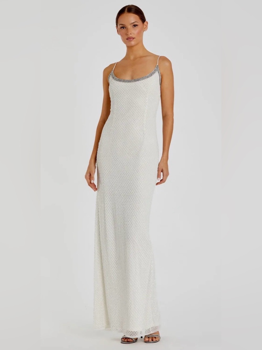 Mac Duggal Ivory Beaded Maxi Slip Dress with rhinestone Trim